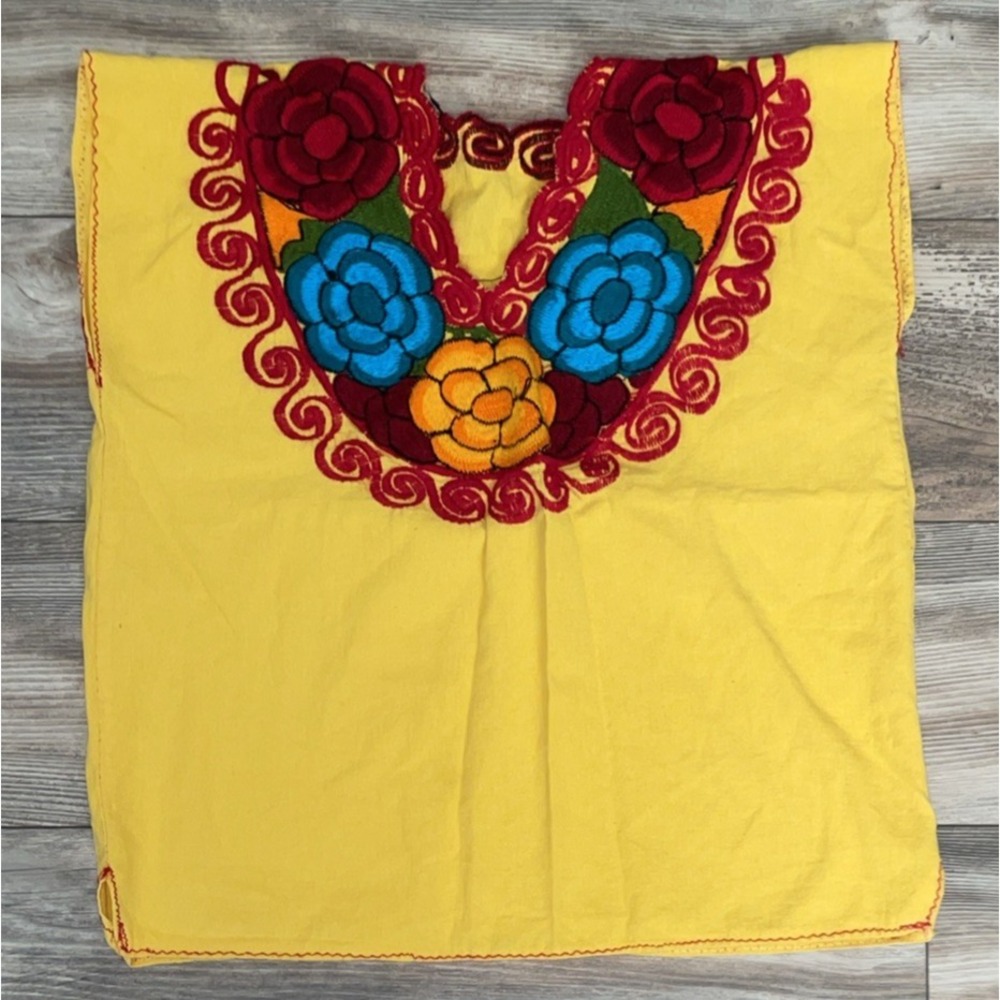 Handmade Folk Mexican Embroidered Blouse Yelloe Floral Top Lightweight